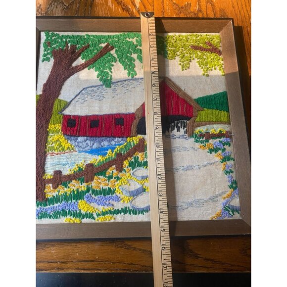 Vintage Framed Crewel Covered Bridge Scene Wall Art 15"x15" Rustic Decor Handmad - Picture 3 of 8